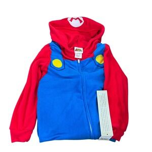 Super Mario Bros Kids Halloween‎ Costume Hoodie XS (4/5) Red Blue Fleece Cosplay